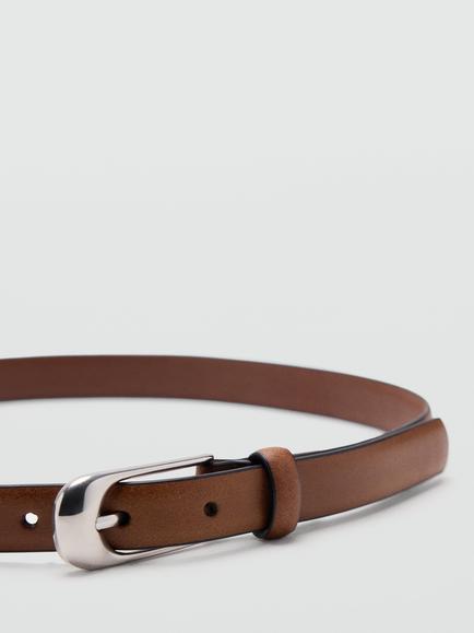 Mango Slim Leather Buckle Belt, Chocolate - view 2, Chocolate