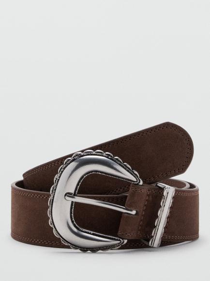 Mango Western Buckle Suede Leather Belt, Brown, Brown