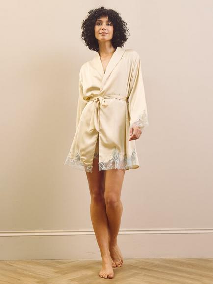 Their Nibs Lace Trim Satin Robe, Ivory - view 2, Ivory