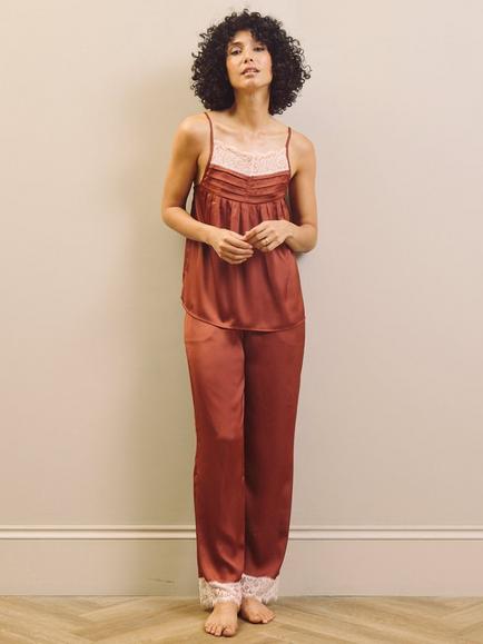 Their Nibs Camisole Lace Trim Long Satin Pyjama Set, Rust, Rust