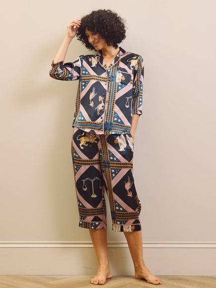 Their Nibs Celestial Dreaming Satin Cropped Sleeve Capri Pyjama Set, Navy, Navy
