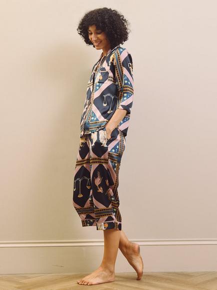 Their Nibs Celestial Dreaming Satin Cropped Sleeve Capri Pyjama Set, Navy - view 2, Navy