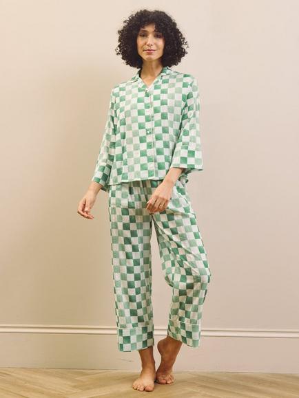 Their Nibs Watercolour Gingham Cotton Pyjamas, Green, Green