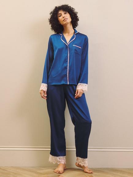 Their Nibs Lace Trim Button Through Long Satin Pyjama Set, Navy, Navy