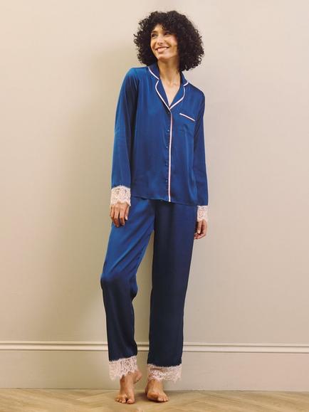 Their Nibs Lace Trim Button Through Long Satin Pyjama Set, Navy - view 2, Navy