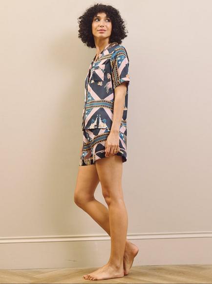 Their Nibs Celestial Dreaming Satin Short Pyjama Set, Navy - view 2, Navy