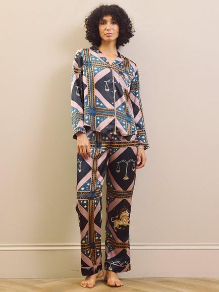 Their Nibs Celestial Dreaming Satin Traditional Pyjama Set, Navy, Navy