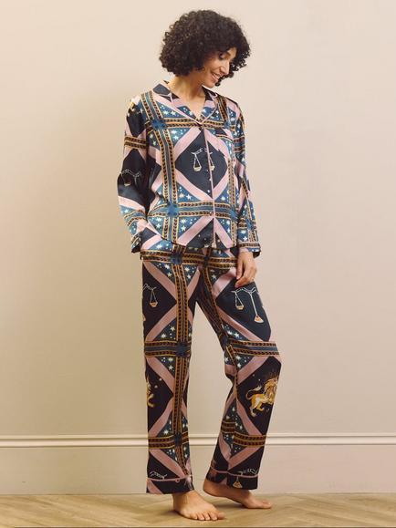 Their Nibs Celestial Dreaming Satin Traditional Pyjama Set, Navy - view 2, Navy