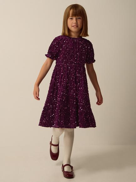 Monsoon Kids' Fenella Velvet Sequin Party Dress, Purple, Purple