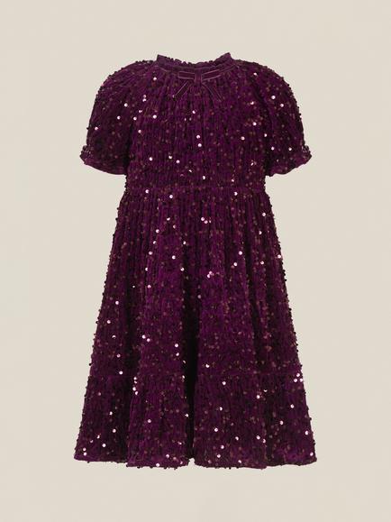 Monsoon Kids' Fenella Velvet Sequin Party Dress, Purple - view 2, Purple