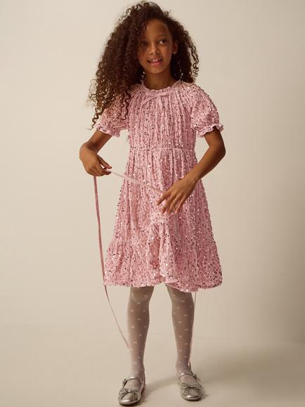Monsoon Kids' Fenella Velvet Sequin Party Dress, Pink, Pink