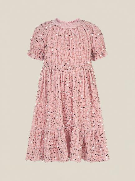 Monsoon Kids' Fenella Velvet Sequin Party Dress, Pink - view 2, Pink