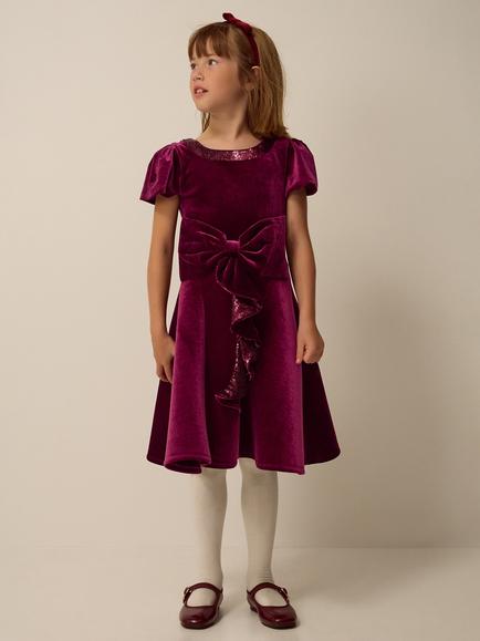 Monsoon Kids' Genevieve Velvet Bow Dress, Burgundy, Burgundy