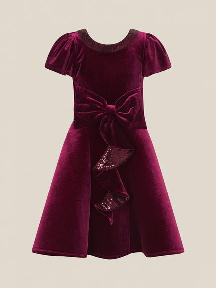 Monsoon Kids' Genevieve Velvet Bow Dress, Burgundy - view 2, Burgundy