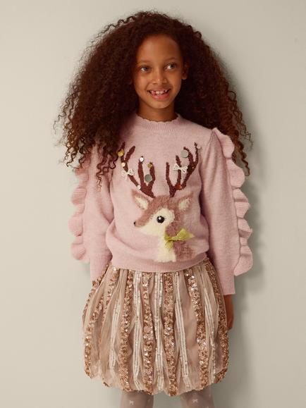 Monsoon Kids' Christmas Dahlia Reindeer Jumper, Pink, Pink