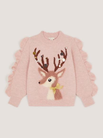 Monsoon Kids' Christmas Dahlia Reindeer Jumper, Pink - view 2, Pink