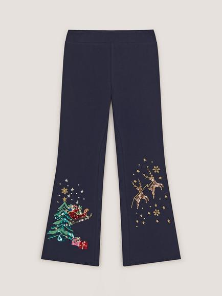 Monsoon Kids' Christmas Reindeer Kick Flare Leggings, Navy - view 2, Navy