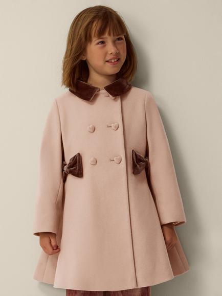 Monsoon Kids' Charlotte Velvet Bow A-Line Coat, Camel, Camel