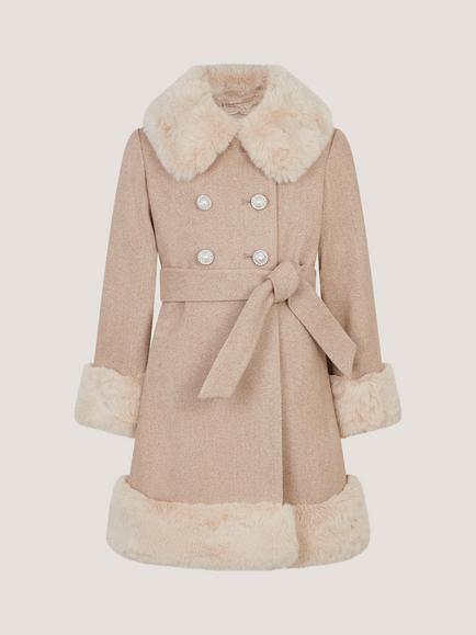 Monsoon Kids' Glam Faux Fur Trim Coat, Oatmeal, Oatmeal