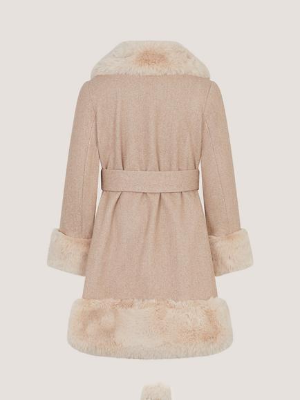 Monsoon Kids' Glam Faux Fur Trim Coat, Oatmeal - view 2, Oatmeal