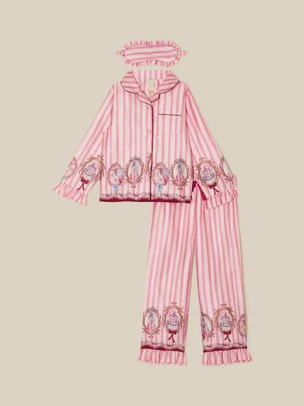 Monsoon Kids' Fairytale Stripe Satin Long Pyjamas & Sleep Mask Set, Pink, Pink