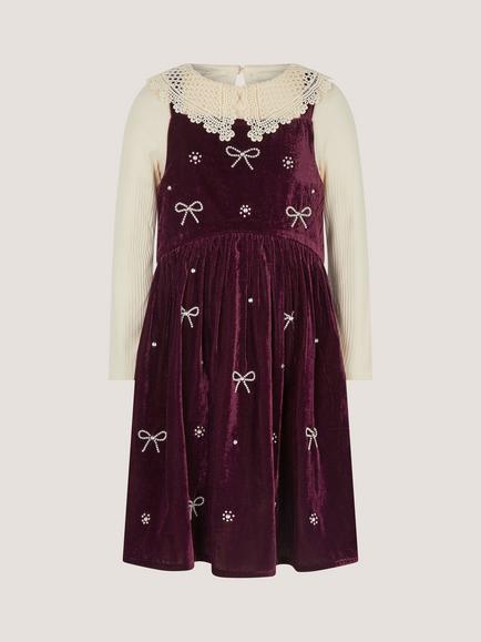 Monsoon Kids' Long Sleeve Top and Embellished Bow Dress Set, Burgundy, Burgundy