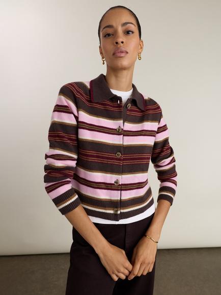 Baukjen Nancy Wool Rich with Cashmere Stripe Cardigan - view 2, Pink/Chocolate
