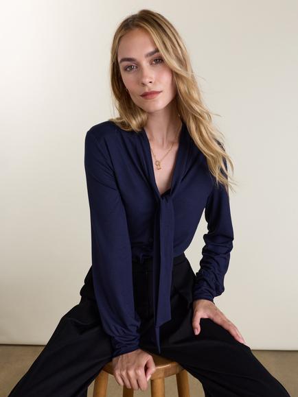 Baukjen Carina Tie Neck Blouse, Navy, Navy