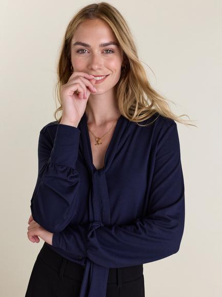 Baukjen Carina Tie Neck Blouse, Navy - view 2, Navy