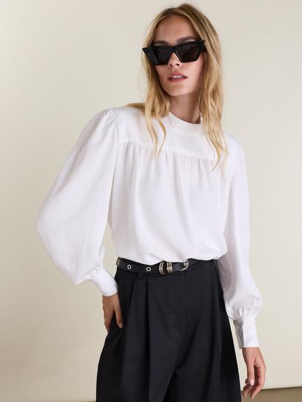 Baukjen Gail High Neck Puff Sleeve Blouse containing TENCEL™ Lyocell, White, White