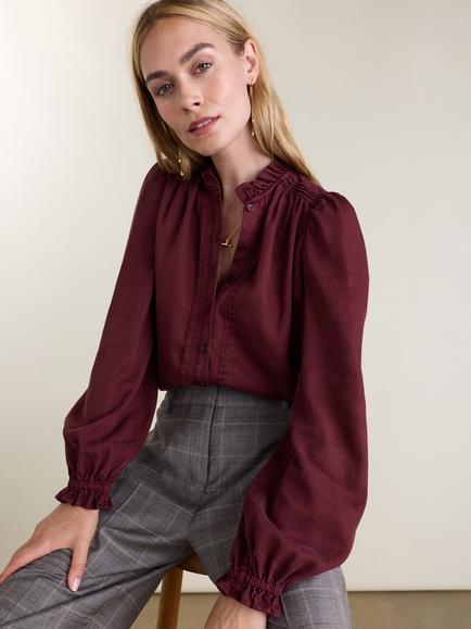 Baukjen Zoe Frill Neck Blouse containing TENCEL™ Lyocell, Burgundy, Burgundy