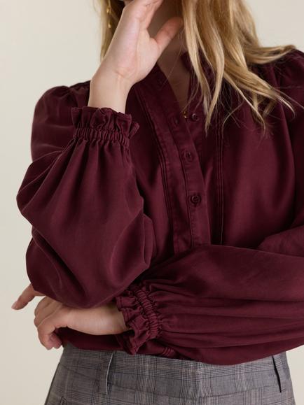 Baukjen Zoe Frill Neck Blouse containing TENCEL™ Lyocell, Burgundy - view 2, Burgundy