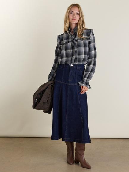 Baukjen Viola Organic Cotton Rich Flared Midi Skirt, Dark Blue, Dark Blue