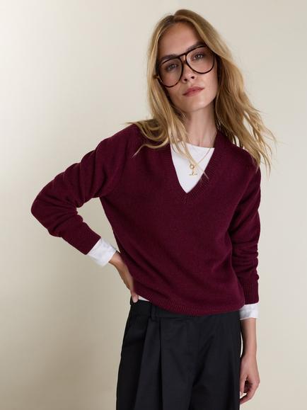 Baukjen Dara V-Neck Wool Jumper, Burgundy, Burgundy