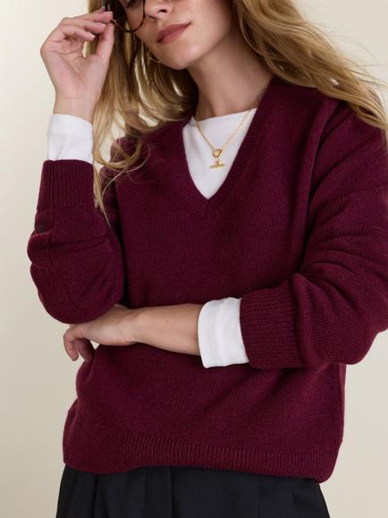 Baukjen Dara V-Neck Wool Jumper, Burgundy - view 2, Burgundy