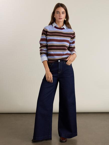 Baukjen Flora Wool Rich with Cashmere Striped Crew Neck Jumper, Blue/Chocolate