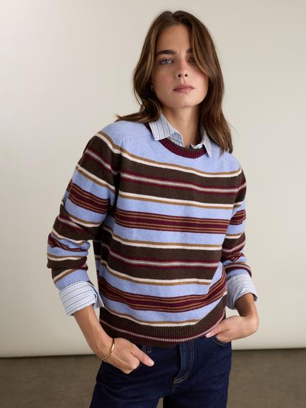 Baukjen Flora Wool Rich with Cashmere Striped Crew Neck Jumper - view 2, Blue/Chocolate