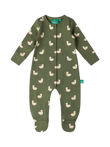 Little Green Radicals Baby Duck Print Babygrow Sleepsuit, Green, Green