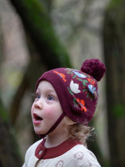 Little Green Radicals Kids' Birds Cotton Knit Bobble Hat, Purple - view 2, Purple