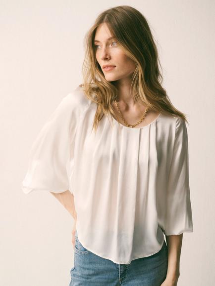NRBY Joely Silk Satin Shirt, Ivory, Ivory