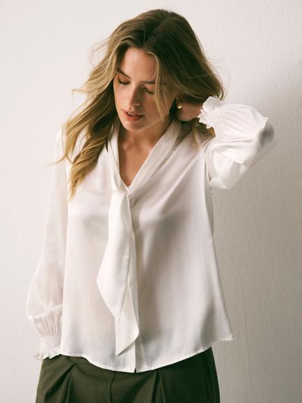 NRBY Orlando Silk Satin Tie Neck Shirt, Ivory