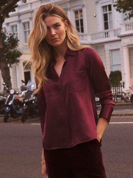 NRBY Yves Silk Satin Shirt, Plum Noir, Plum Noir
