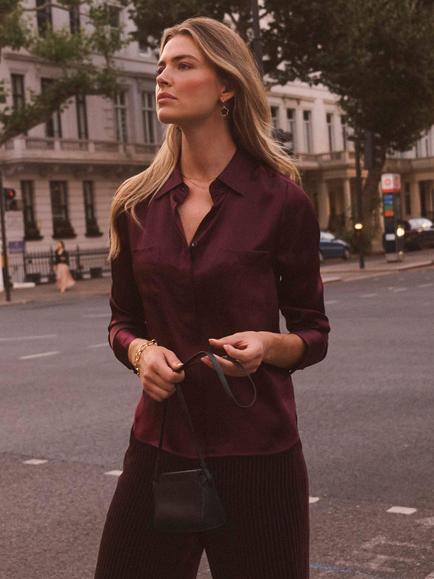 NRBY Yves Silk Satin Shirt, Plum Noir - view 2, Plum Noir