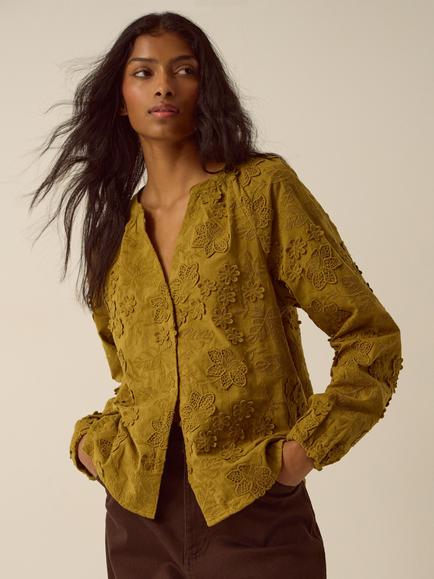 Monsoon Luci Cotton Embroidered Blouse, Khaki, Khaki