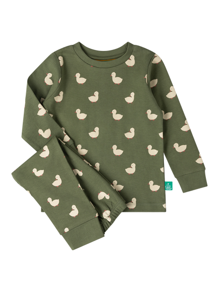 Little Green Radicals Kids' Duck Print Pyjama Set, Green, Green