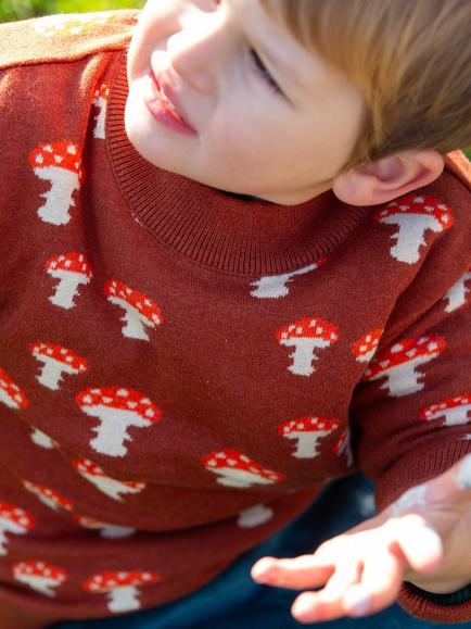 Little Green Radicals Kids' Mushrooms Knitted Jumper, Orange - view 2, Orange