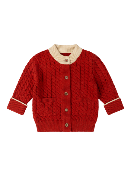 Little Green Radicals Kids' Cable Knit Cotton Cardigan, Red - view 2, Red
