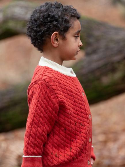 Little Green Radicals Kids' Cable Knit Cotton Cardigan, Red, Red
