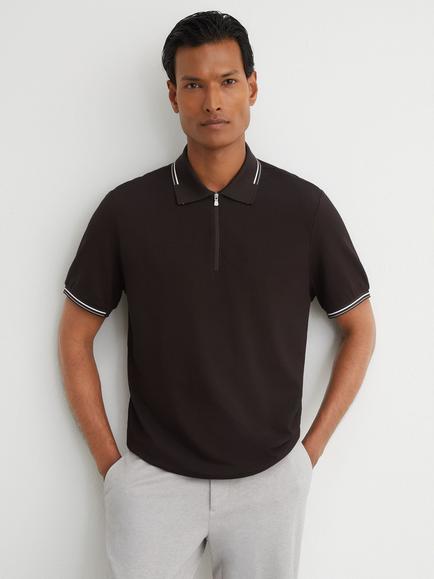 Reiss Vale R-Flex Half Zip Polo Top, Brown