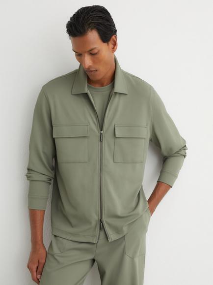 Reiss Glover R-Flex Zip Through Stretch Twill Overshirt, Sage Green